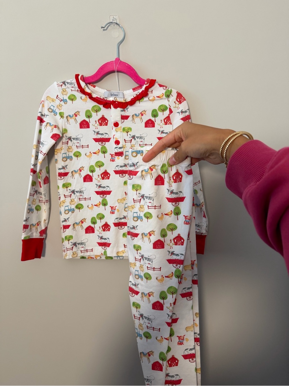ISHTEX Kids Long Sleeve Farm Print Pajama Set - Red Trim Size 4